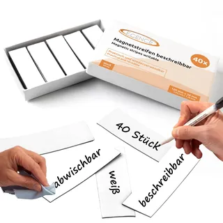 ECENCE Magnetstreifen beschreibbar 40 Stück - 100mmx30mm - abwischbare Magnetschilder - Magnet-Etiketten zuschneidbar für Whiteboards, Kühlschränke, Magnettafeln - Weiss