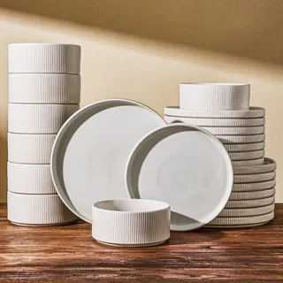 Richmount Star 18-teiliges teller set, Geschirrset 6 personen, Steingut Geschirr Set, Anti-Kratzer Tafelservice, Mikrowellen & Spülmaschinenfest, Mattes Beigeweiß