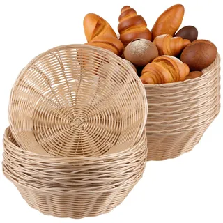 FUNSUEI 12er Set Brotkorb Rund Kunststoff geflochten, Brötchenkorb Brotkörbchen aus Plastik, 22 x 6 cm Brot Aufbewahrungskorb Flechtkorb Körbchen Rund