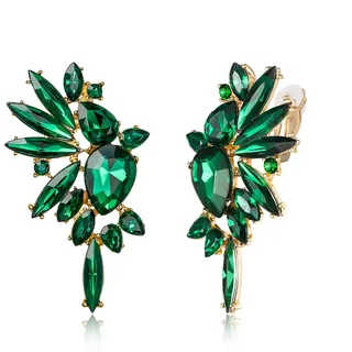 EVER FAITH Flügel Kristall Ohrclips Mode Statement Ohrringe Art Deco bunte Marquise Tropfen Braut baumeln Clip-on für Damen Grün Gold-Tone