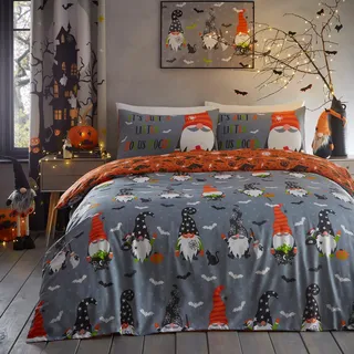 Bedlam - Halloween-Bettbezug – Doppelbettgröße (200 x 200 cm) – Gruselige Gonks Bettwäsche-Sets – leuchtet im Dunkeln – wendbares Design – Skelett, Totenkopf, Fledermäuse und Geist –