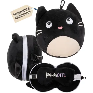 Out of the blue Kinder Plüsch-Reisekissen mit Augenmaske, Katze, ca. 16,5 x 13,5 x 10,5 cm