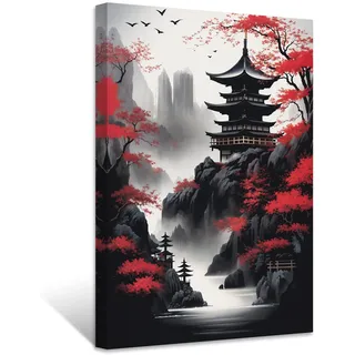 ZXHYWYM Japanische Leinwandbilder rote und schwarze Kirschbäume Pagode Malerei japanische Landschaft Poster Drucke japanisches Thema Kunstwerk Wanddekoration (Bild-2, (40.00 x 60.00 cms))