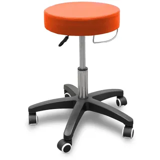 QUIRUMED Hocker mit rollbarem Untergestell und Handtuchhalter, Farbe Orange, Kunstleder, hochdichte Polsterung, leicht, mit Rollen, höhenverstellbar, bis 150 kg