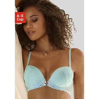 Push-up-BH LASCANA, Damen, Gr. 75, Cup B, blau (aquablau), Microtouch, Obermaterial: 60% Polyamid, 35% Polyester, 5% Elasthan, BHs Push-up-BH, mit sexy Bänderoptik vorn, Dessous