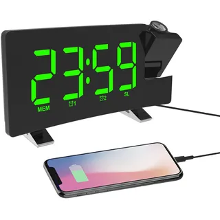 ThreeH Projektionswecker LED-Bildschirm 4 einstellbare Helligkeit Digitale Funkuhr mit USB-Telefon-Ladegerät Wecker mit 2 Wecker Snooze-Funktion Grün