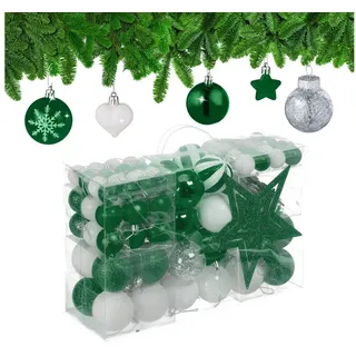 Relaxdays Weihnachtskugeln 101er Set, Kunststoff, Weihnachtsbaumdeko Kugeln & Spitze, Christbaumschmuck, dunkelgrün/weiß