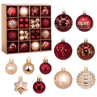 Weihnachtskugeln rot rosagold,44pcs weihnachtsbaumschmuck,Haken für weihnachtskugeln Set,weihnachtskugeln Kunststoff für weihnachtsbaumschmuck,weihnachtsdeko Outdoor