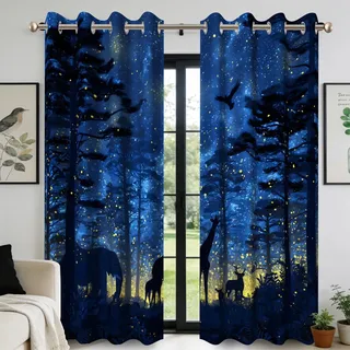 Ttincceer 145x225cm Dschungel Tier Verdunklung Vorhänge Sternennacht Tief Wald Wildtiere Fenstervorhänge für Schlafzimmer Wohnzimmer Wärmedämmung Grommet Fensterbehandlungen 2 Panels