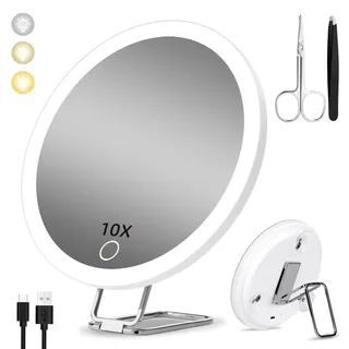 10fach Vergrößerungsspiegel mit Licht 10X, 15cm 3 Farbe Modi Dimmen beleuchteten vergrößerten Spiegel 10X, große wiederaufladbare hohe Vergrößerung Reise Make-up-Spiegel mit Saugnäpfe und Tisch Stand