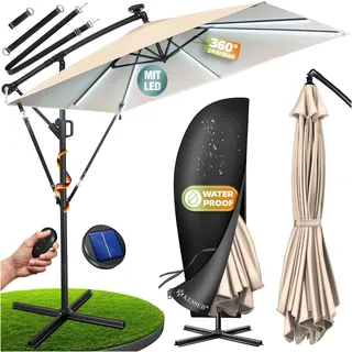 KESSER® Ampelschirm Holly Sonnenschirm Rechteckig mit und ohne LED Solar inkl. Abdeckung + Windsicherung mit Kurbel | Kurbel-Schirm mit Ständer UV-Schutz Aluminium Wasserabweisend Ø350cm Gartenschirm - Beige