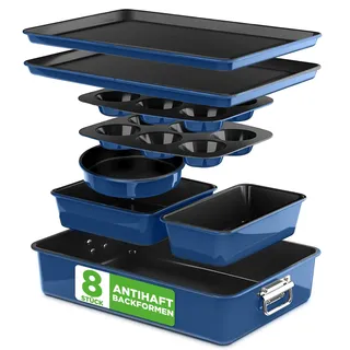 NutriChef Backformen Set 8-teilig – Auflaufform, Brotbackform, Backblech, Muffin Backform, Blau, Kuchenform rund & eckig, stapelbar & antihaft, spülmaschinenfest, ofenfest bis 230°C