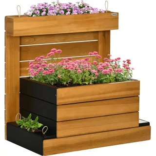 Hochbeet Mit 4 Pflanzkästen, Blumenkasten Mit Selbstbewässerungssystem, Vliesauskleidung Für Garten, Holz, Braun, 79,5 X 49,5 X 80 Cm