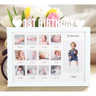 AIDIER Baby Bilderrahmen Erinnerung für Erste Jahr 12 Monate Fotorahmen Collage für 12 Fotos Fotocollage Baby Geburtsgeschenk für Neugeborene Babyparty Ersten Geburtstag Geschenke
