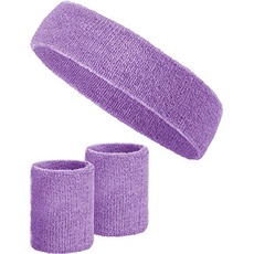 3-teiliges Schweißband-Set mit 2X Schweißbändern für die Handgelenke + 1x Stirnband für Damen & Herren (Flieder)