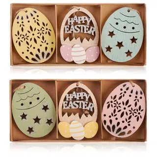 COM-FOUR com-four® 6X Dekoaufhänger Ostern - Osterschmuck aus Holz zum Aufhängen - Holzaufhänger Osterei für den Osterstrauß (6 Stück - Ostereier)