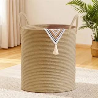 MYHOMMATTO Wäschekorb,Aufbewahrungskorb,Geflochten Korb,88L Groß Rund Wäschesammler mit Baumwoll Henkel für Kinderzimmer,Korb für Decken und Spielzeug für Wohnzimmer oder Waschraum,Jute