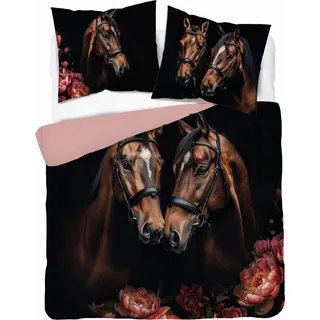Baumwoll-Bettwäsche-Set Pferde 160x200 Holland Natura - Schwarz, Bronze
