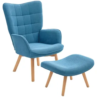 HOMCOM Ohrensessel mit Hocker Sessel mit Cordoptik für Wohnzimmer Blau