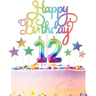 mciskin Regenbogen 12. Geburtstag Kerzen, Metallische Kuchenaufsätze mit Zahl 12, Happy Birthday Buchstaben, Sternförmige Kuchenaufsätze, Geruchlos, Umweltfreundlich, Wiederverwendbar