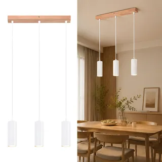 Glitzerlife Pendelleuchte 3 Flammig Esszimmerlampe Hängelampe Holz | Esstisch Weiß Vintage Pendellampe GU10 Rustikal Hängeleuchte für Küche Esszimmer Schlafzimmer Restaurant Flur