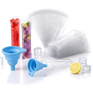 YIPFEN 50 Stück Wiederverwendbare Wassereis Tüten mit Trichter für Hausgemachte DIY Eisriegel, Saft, Joghurt, Smoothie, Popsicle Molds (5.5x27.5cm)
