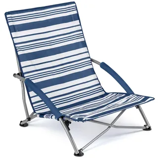 Trail Niedriger Campingstuhl Faltbar, Leichter Klappstuhl für Camping, Terrasse, Festival, Picknick, Garten, Gepolsterte Armlehnen, Strandstuhl, Anti-Sink-Füße, Tasche mit Gurt, Blau Gestreift