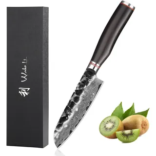 Wakoli EBO Santoku Messer aus echtem Damaststahl (VG10 Kern) mit 12 cm Klinge – Scharf & ergonomisch – Santoku Damastmesser mit Eichenholzgriff in Geschenkbox – Küchenmesser klein für Gemüse & Obst