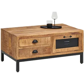 Landscape Couchtisch , Naturfarben, Schwarz , Holz, Metall , Mangoholz , massiv , 2 Schubladen , rechteckig , U-Form , 60x45x100 cm , Stauraum , Holzmöbel, Holztische, Wohnzimmertische Holz, Couchtische Holz