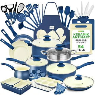 NutriChef Kochgeschirr Set 54-tlg – Pfannen, Töpfe, Küchenhelfer Blau– Mit Messer, Backformen, Zubehör – Für Induktion, Gas und Elektro – Gesund und fettarm kochen