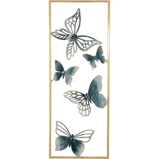 Hofmann Living And More Wanddekoobjekt "Wanddekoration", blau, B:28,5cm H:74,5cm T:4cm, Metall, HOFMANN LIVING AND MORE, Wanddekoobjekte, Schmetterlinge grau, in goldfarbenen Rahmen