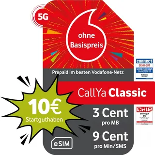 Vodafone Prepaid CallYa Classic eSIM | 10 EUR Startguthaben I ohne Vertrag | 5G-Netz | 9 Ct. pro Min/SMS