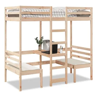 vidaXL Hochbett mit Schreibtisch & Stühlen 90 x 190 cm Kiefer massiv beige
