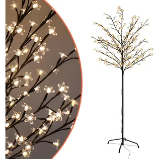 Spetebo Kirschblüten Baum für Außen mit 180 LED Blüten - H 180 cm - Sakura Lichterbaum warm weiß beleuchtet mit IP44 Netzstecker - Schwarz
