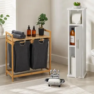 Schlankes Badezimmer-Set aus Bambus (3-teilig) – Wäscheablage, schmaler Schrank und Seifenschale aus Gusseisen