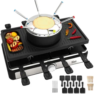 Zilan Raclette Grill mit Fondue Set | Raclette Party Grill für 8 Personen | Mit kombinierter Grillfläche | Naturgrillstein und Grillplatte | 1.400 Watt | Antihaftbeschichtet und spülmaschinengeeignet | inkl. 8x Holzspachtel