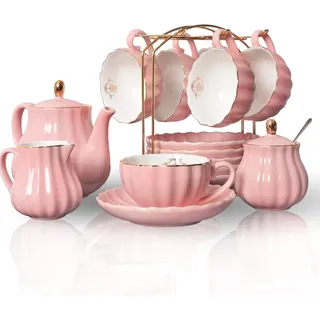 Sweejar Home 22 Stück Europäischen Stil Teeservice, Teetasse und Untertasse Set, Keramik Kaffeeset, Teeset Royal Family aus Porzellan, für 6 Personen, 225 ml-Tassen rose