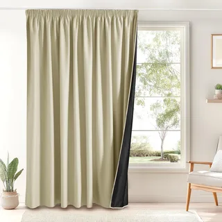 PONY DANCE Verdunkelungsvorhang mit Kräuselband 1er Set H 245 x B 300 cm Extra Breite Vorhänge für Schienensystem Thermovorhang Hitzeschutz Wohnzimmer Vorhang Blickdicht, Hellbeige