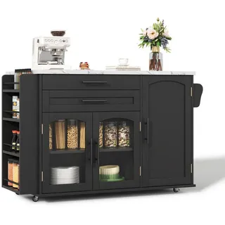 Okwish Kücheninsel mit klappbarer Arbeitsplatte Gewürzregal 120x45-70x90cm schwarz