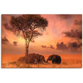 Artland Leinwandbild "Elefanten zum Abendessen" Wildtiere 1 Stk. tlg. auf Holzrahmen gespannt, farbe bild(er): orange
