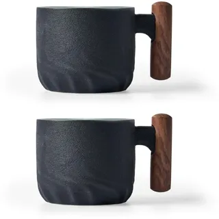 BlogBlog Espressotassen aus Keramik mit Holzgriff, Espresso-Schnapsgläser, Keramik-Teetassen, Demitessa Porzellantassen für Kaffee oder Tee, 89 ml (Schwarz, 2)