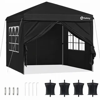 Sekey Faltpavillon 3x3 mit 4 Seitenwänden und mit 4 Sandsäcke, Wasserdicht Pop Up Pavillon für Camping, Festival, Events, Picknicks, Schwarz - Schwarz