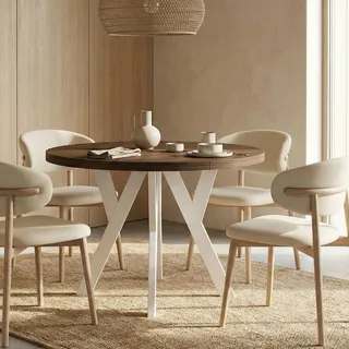 Runder Ausziehbarer Tisch für Esszimmer, PERO, Loft-Stil, Skandinavische, Durchmesser: 100 / 150 cm, Farbe: Franklin Nuss / Weiß - Weiß
