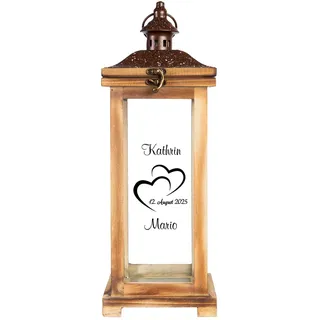 Personalisierte Landhaus Laterne | XL Holzlaterne 42 cm groß | Geschenk zum Hochzeitstag Hochzeitsgeschenk | Geschenkidee Hochzeitstag Mann Frau Großeltern | Gartendeko Gartenlaterne | Herzen - Datum