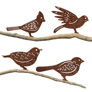 SUPRBIRD Gartenstecker Vogel, 4 Stück Gartenstecker Rost, Gartendeko Rost Vögel, Gartenstecker Rost Deko, Gartenstecker Metall mit Schraubgewinde für Holz Zaunfiguren Gartendekoration