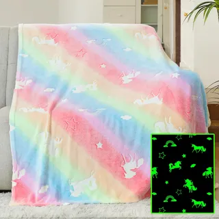 Winthome Kuscheldecke Kinder, Deck Glow In The Dark, Fleecedecke Weiche Flauschig, Babydecke Warme Kuschelig, Sofadecke für Mädchen Junge, Geschenke, Passend zu Allen Jahreszeiten (120x150cm,Einhorn)