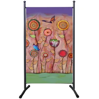 Paravent Raumteiler, 180 x 78 cm, Retro Blumen, Sichtschutz für Balkon und Garten