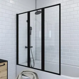 Marwell Badewannenfaltwand schwarz 3-teilig 125x143 cm, Schwenkbare Duschwand für Badewanne, 4 mm Sicherheitsglas, Aluminiumprofile ohne sichtbare Verschraubungen, beidseitig montierbar