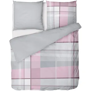 LINKHOFF Biber Bettwäsche 135x200 Rosa 2tlg - Bettwäsche Grau Rosa - Wendebettwäsche 135x200 Kariert/Unifarben - 100% Baumwolle