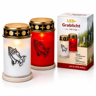 2 Grablichter LED mit Batterie wetterfest | Grabkerzen mit Batterien für lange Brenndauer von bis zu 6 Monaten | LED-Grablicht mit Flackern wie bei einer echten Kerze (2 Grablichter Set rot-weiß)